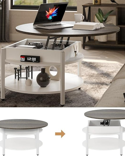 FABATO Round Lift Top Coffee Table with Storage and Hidden Compartment, 26.77'' Farmhouse Coffee Table for Living Room Reception Room, 2 Tier Small Round Coffee Table Circle Dining Table, White - LeafyLoom