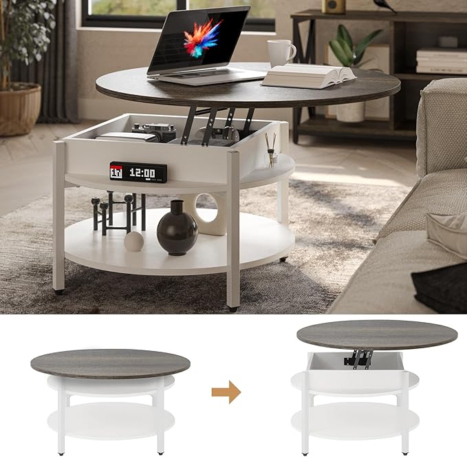 FABATO Round Lift Top Coffee Table with Storage and Hidden Compartment, 26.77'' Farmhouse Coffee Table for Living Room Reception Room, 2 Tier Small Round Coffee Table Circle Dining Table, White - LeafyLoom
