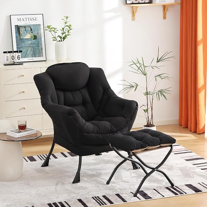 Cozy Lazy Chair and Ottoman, Large Contemporary Accent Lounge Chair Set, Leisure Upholstered Reading Armchair for Bedroom, Living Room, Dorm Rooms, Office - LeafyLoom