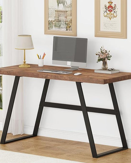 BON AUGURE Computer Desk, Modern Simple Wood Home Office Desk, Wood and Metal PC Writing Workstation, Walnut Sturdy Home Office Desks (55 Inch, Rustic Oak) - LeafyLoom