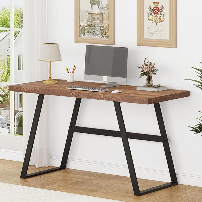 BON AUGURE Computer Desk, Modern Simple Wood Home Office Desk, Wood and Metal PC Writing Workstation, Walnut Sturdy Home Office Desks (55 Inch, Rustic Oak) - LeafyLoom