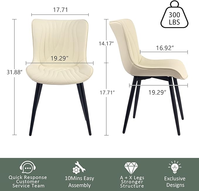 YOUTASTE Dining Chairs Set of 2 Upholstered Mid Century Modern Kitchen Dining Room Chairs Armless Faux Leather Accent Chairs Metal Vanity Lounge Chair with Back for Living Room Bedrooms,Beige - LeafyLoom