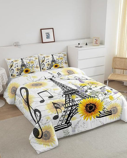 Feelyou Eiffel Tower Kids Comforter Set Cute Sunflower Comforter for Boys Children Teens Bedroom Decor Paris Tower Bedding Set Floral Music Themed Duvet Set King Size with 2 Pillow Case - LeafyLoom