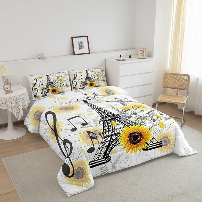 Feelyou Eiffel Tower Kids Comforter Set Cute Sunflower Comforter for Boys Children Teens Bedroom Decor Paris Tower Bedding Set Floral Music Themed Duvet Set King Size with 2 Pillow Case - LeafyLoom