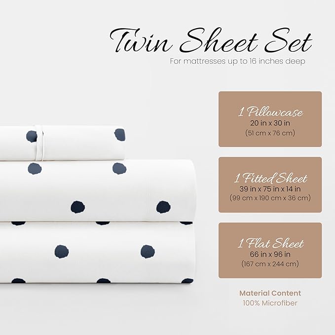 Linen Market 3 Piece Twin Bedding Sheet Set (Navy Blue Dots) - Sleep Better Than Ever with These Ultra-Soft & Cooling Bed Sheets for Your Twin Size Bed - Deep Pocket Fits 16" Mattress - LeafyLoom