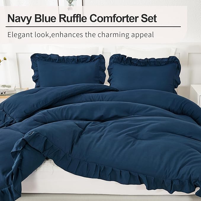 Andency California King Comforter Set Navy Blue, 3 Pieces Cal King Solid Ruffle Shabby Chic Bedding Comforter, Oversized Lightweight Soft Microfiber Bed Comforter - LeafyLoom