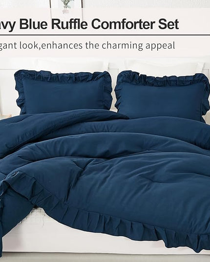 Andency Navy Blue Comforter Set King Size, 3 Pieces Boho Lightweight All Season Solid Bedding Comforters & Sets, Double Women Men Shabby Chic Bed Set(104x90In Comforter & 2 Pillowcases) - LeafyLoom