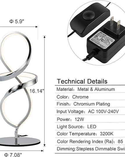 Modern Table Lamp, LED Spiral Lamp, Stepless Dimmable Bedside Lamp, Contemporary Nightstand Lamp, Chrome Desk Lamp for Bedroom Living Room Home Office, 12W - LeafyLoom