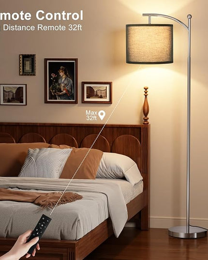 Ambimall Floor Lamp with Remote Control and Stepless Dimmable Bulb, Colors Temperature & Brightness Adjustable, Modern Floor Lamps for Living Room（Black Shade & Silver Pole） - LeafyLoom