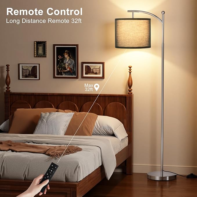 Ambimall Floor Lamp with Remote Control and Stepless Dimmable Bulb, Colors Temperature & Brightness Adjustable, Modern Floor Lamps for Living Room（Black Shade & Silver Pole） - LeafyLoom