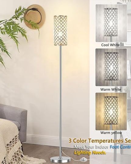 Crystal Floor Lamps - Modern Silver Standing Lamp with 3 CCT LED Bulbs for Elegant Home Decor Living Room and Bedroom Lighting - LeafyLoom