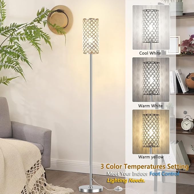 Crystal Floor Lamps - Modern Silver Standing Lamp with 3 CCT LED Bulbs for Elegant Home Decor Living Room and Bedroom Lighting - LeafyLoom