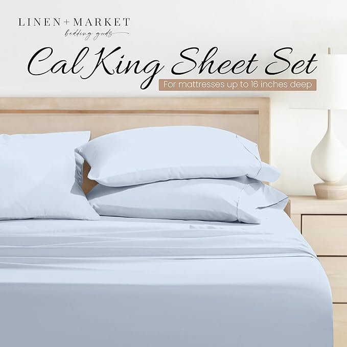 Linen Market Bed Sheets for Cal King Size Bed (Light Blue) - Sleep Better Than Ever with These Soft and Cooling California King Sheets - Deep Pocket Fits 16" Thick Beds - 4 Piece Cal King Sheet Set - LeafyLoom