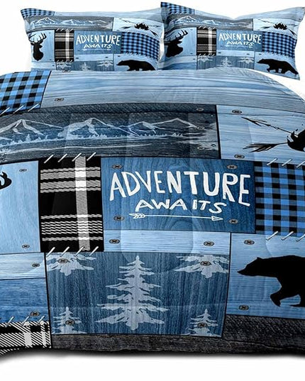 LUVIVIHOME 3PCS Rustic Cabin Comforter Set King Size, Farmhouse Bedding, Black Bear Deer Elk Moose Forest Animal Wildlife Hunting Country Brown Patchwork White Blue Plaid Lodge Quilt, 2 Pillow Cases - LeafyLoom