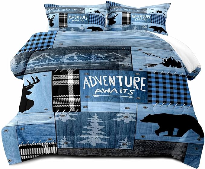 LUVIVIHOME 3PCS Rustic Cabin Comforter Set King Size, Farmhouse Bedding, Black Bear Deer Elk Moose Forest Animal Wildlife Hunting Country Brown Patchwork White Blue Plaid Lodge Quilt, 2 Pillow Cases - LeafyLoom
