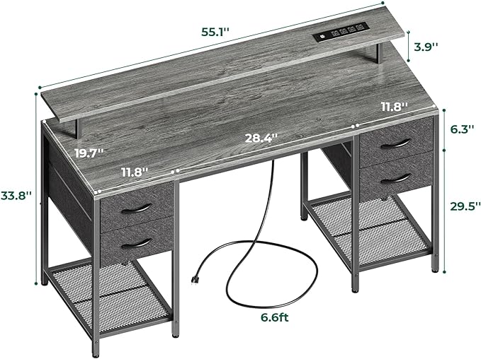 55 inch Computer Desk with 4 Drawers, Gaming Desk with LED Lights & Power Outlets, Home Office Desk with Large Storage Space for Bedroom, Work from Home, Gray - LeafyLoom