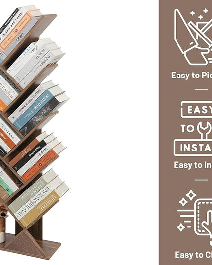 Labcosi 8 Tier Tree Bookshelf, Floor Standing Wood Tree Bookcase, Tall Book Storage Rack for Books/CDs, Book Organizer Shelves for Home Office, Bedroom, Living Room - LeafyLoom