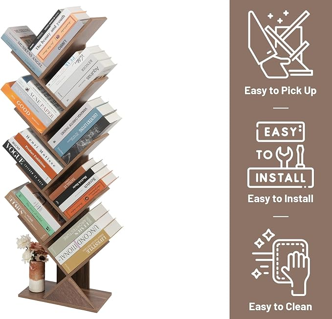 Labcosi 8 Tier Tree Bookshelf, Floor Standing Wood Tree Bookcase, Tall Book Storage Rack for Books/CDs, Book Organizer Shelves for Home Office, Bedroom, Living Room - LeafyLoom