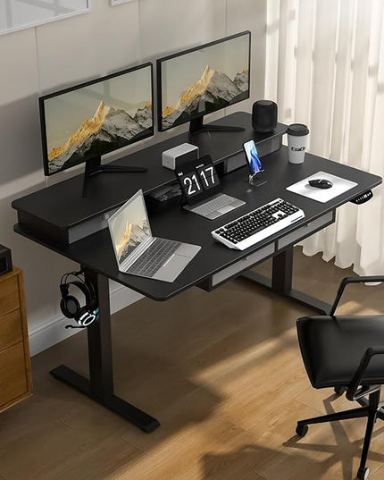 Electric Standing Widened Desk 63 * 30 Inches Adjustable Height with 4 Drawers, Double Storage Shelves Stand Up Desk, Home Office Workstation Sit Stand up Desk (Classical Black) - LeafyLoom