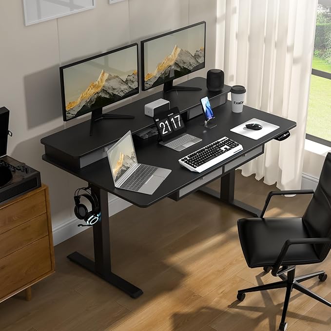 Electric Standing Widened Desk 63 * 30 Inches Adjustable Height with 4 Drawers, Double Storage Shelves Stand Up Desk, Home Office Workstation Sit Stand up Desk (Classical Black) - LeafyLoom