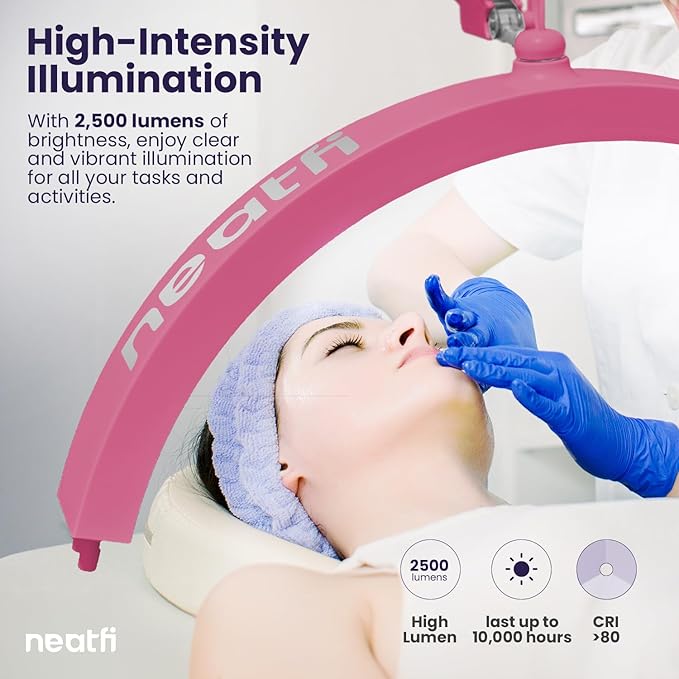 Neatfi Half Moon LED Table Lamp for Estheticians, Nail Tech, and Cosmetician for Nail Art, Facial, Waxing, Threading and Tattoo (with Clamp, Pink) - LeafyLoom