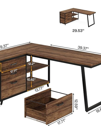 Reversible 53-inch L Shaped Desk with 3 Drawer, Farmhouse Corner Desk Gaming Table with Shelves and File Cabinet for Letter Size & Legal Size File for Home Office and Small Space - LeafyLoom