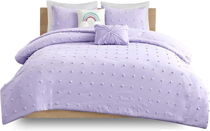 Callie Cotton Jacquard Weave Colorful Pom Pom Kids Comforter sets, Down Alternative Shabby Chic All Season Girls Bedding, Bedroom Decor, Twin/Twin XL, Lavender 4 Piece - LeafyLoom