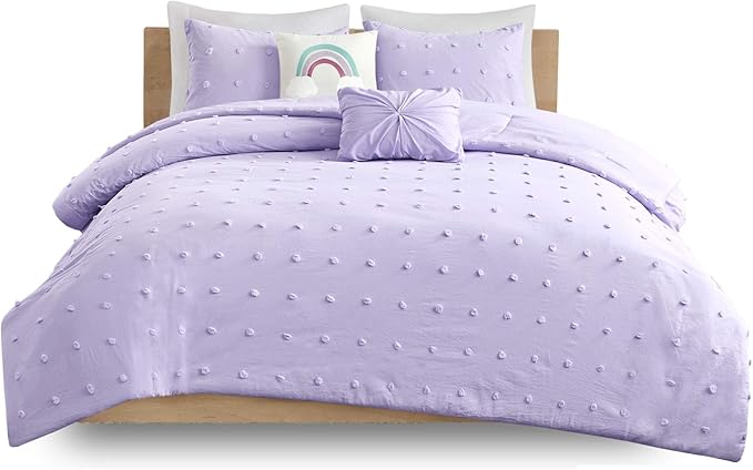 Callie Cotton Jacquard Weave Colorful Pom Pom Kids Comforter sets, Down Alternative Shabby Chic All Season Girls Bedding, Bedroom Decor, Full/Queen, Lavender 5 Piece - LeafyLoom