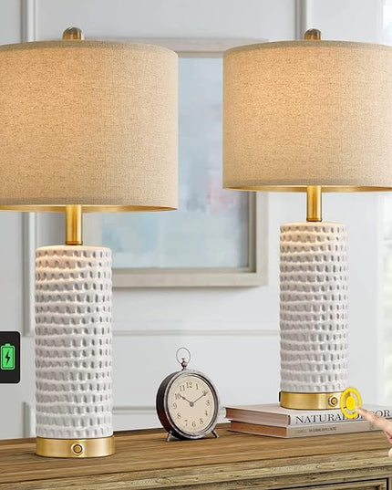 PORTRES 24" Farmhouse 3-Way Dimmable Touch Ceramic Table Lamp Set of 2 for Bedroom White Bedside Lamps with USB A+C Charging Ports for Living room Nightstand Lamp End Table lamps - LeafyLoom