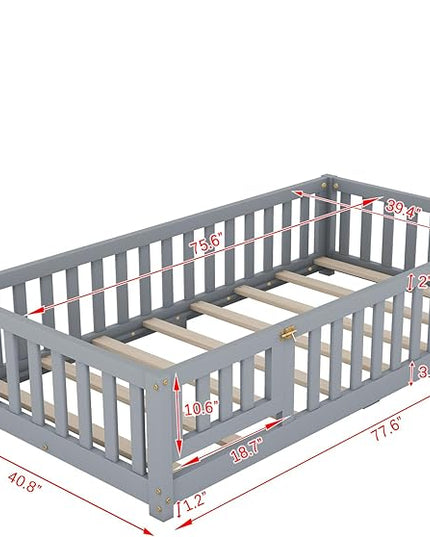 Multifunctional Twin Size Floor Bed with Safety Guardrails and Door, Removable Wood Slats, Montessori Beds Frame for Toddlers, for Boys and Girls, Gray - LeafyLoom