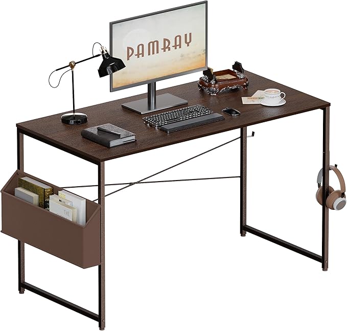 Pamray 47 Inch Computer Desk Small Spaces Desk with Storage Bag for Bedroom Writing and Home Office Work Small Study Desk Table Walnut - LeafyLoom
