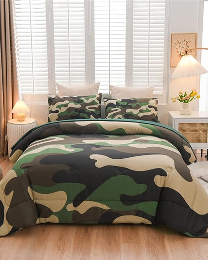 Meeting Story Camouflage Bedding Set, Green Camouflage Comforter Set, 5 PCS One Comforter and Two Pillowases, All Season Soft Bedspread for Boys Teens Adults (Green, Twin 5Pcs) - LeafyLoom