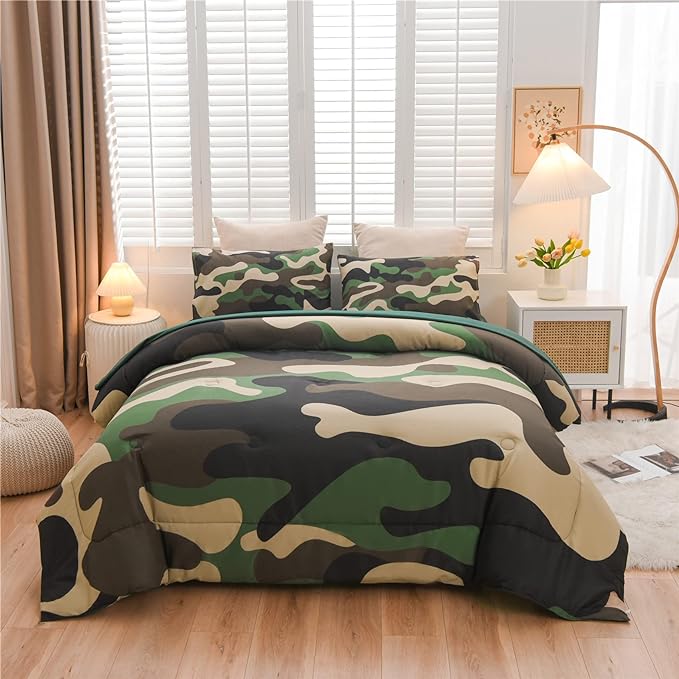 Meeting Story Camouflage Bedding Set, Green Camouflage Comforter Set, 5 PCS One Comforter and Two Pillowases, All Season Soft Bedspread for Boys Teens Adults (Green, Twin 5Pcs) - LeafyLoom