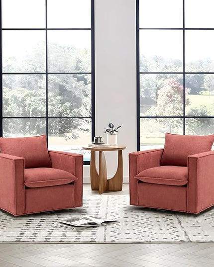 Swivel Accent Chair Set of 2, 34 Inches Wide Upholstered Arm Chair with Plump Back Pillow, Modern Sofa Living Room Chair for Bedroom, Corner, Reading Nook-Red - LeafyLoom