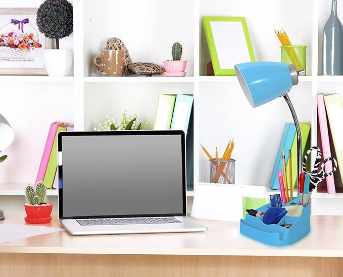 Simple Designs LD1056-BLU Gooseneck Organizer Desk Lamp with iPad/Tablet Stand or Book Holder and USB Port, Blue - LeafyLoom