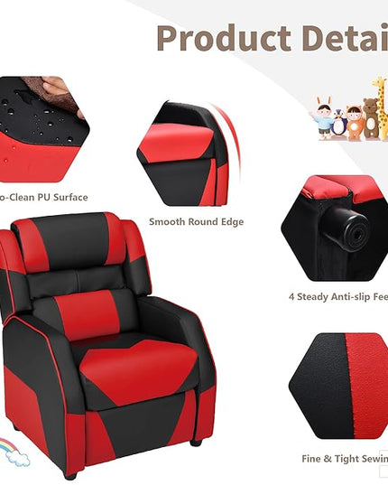 RACER Larger Kids Gaming Chair Leather Recliner Sofa Children Ages 3-12, BlackRed - LeafyLoom