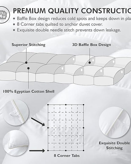 Luxurious Oversized Queen 98" x 98" Size Goose Down Fiber Waterfowl Feather Fiber Comforter Duvet, 100% Egyptian Cotton Cover, 56 oz. Fill Weight, Baffle Box Design, White Solid - LeafyLoom
