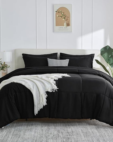 CozyLux Twin XL Size Comforter Sets - 7 Pieces Bed in a Bag Set Black Twin Extra Long, Complete Bedding Sets Bed Set for All Season with Comforter, Flat Sheets, Fitted Sheet, Pillowcases & Shams - LeafyLoom