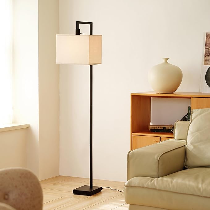 Globe Electric 61000052 60" Floor Lamp, Matte Black, Square White Fabric Shade, On/Off Rotary Switch on Socket, Square Rod, Reading Lamp, Home Office Accessories, Home Décor, Home Improvement - LeafyLoom