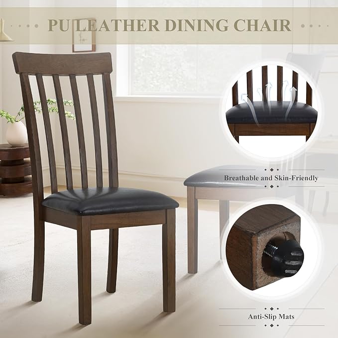 COLAMY Wooden Dining Chairs Set of 4, PU Leather Dining Room Kitchen Side Chair with Spindle High Back and Adjustable Foot Pegs - LightBrown - LeafyLoom