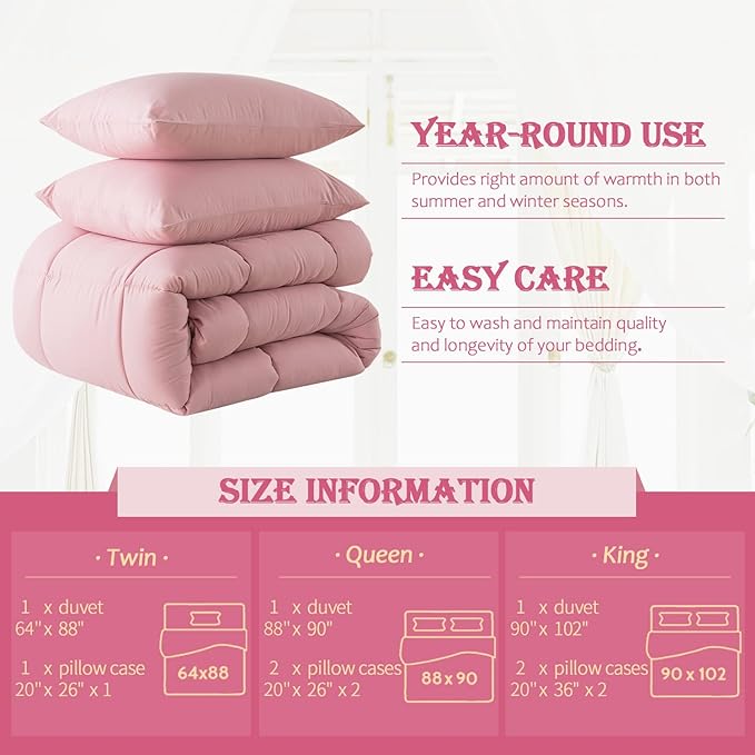 WhatsBedding Pink Comforter Set Queen, Lightweight All Season Soft Down Alternative Bed Comforter, 3 Pieces Bedding Set with 2 Pillowcases, Queen Size, 88"x90" - LeafyLoom