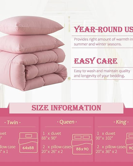 WhatsBedding Pink Comforter Set King, Lightweight All Season Soft Down Alternative Bed Comforter, 3 Pieces Bedding Set with 2 Pillowcases, King Size, 102"x90" - LeafyLoom