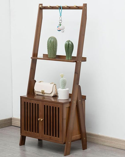 Bamboo Ladder Shelf Modern Wood Bookshelf Tall Bookcase Leaning Wall Shelves Open Standing Storage Rack Shelves for Living Room, Bathroom, Kitchen, Office(Brown, 3 Tier-27x12x47) - LeafyLoom