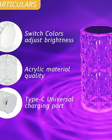 Rose Touch Lamp RGB Night Light, USB Rechargeable Touch Remote Control Crystal Light for Bedroom Living Room Home Decor Colorful Decorative Lights - LeafyLoom