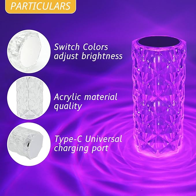 Rose Touch Lamp RGB Night Light, USB Rechargeable Touch Remote Control Crystal Light for Bedroom Living Room Home Decor Colorful Decorative Lights - LeafyLoom
