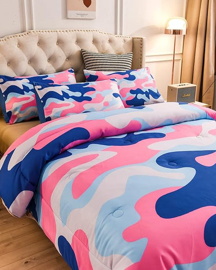 Meeting Story Camouflage Bedding Set, Colorful Pattern Style Queen Camouflage Comforter Set, 3 PCS 1 Comforter and 2 Pillowcases in 1 Bag, All Season Bedspread for Kids Teens Adults (Blue, Queen) - LeafyLoom
