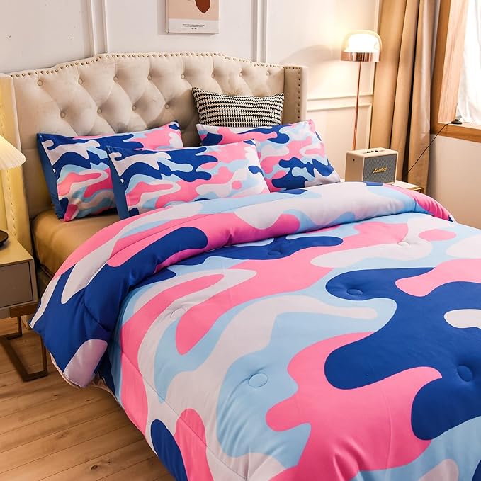 Meeting Story Camouflage Bedding Set, Colorful Pattern Style Queen Camouflage Comforter Set, 3 PCS 1 Comforter and 2 Pillowcases in 1 Bag, All Season Bedspread for Kids Teens Adults (Blue, Queen) - LeafyLoom