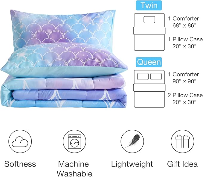 beeweed 3 Piece Kid Comforter Set Queen Size, Colorful Scale Bedding Set for Teen Boys Girls - LeafyLoom