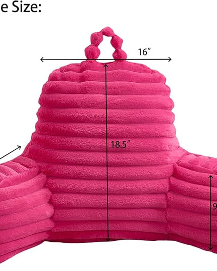 WERDIM Reading Pillow for Sitting in Bed, Faux Fur Back Pillow for Bed Rest, Bed Chair Pillow with Arms and Pockets(Large, Hot Pink) - LeafyLoom