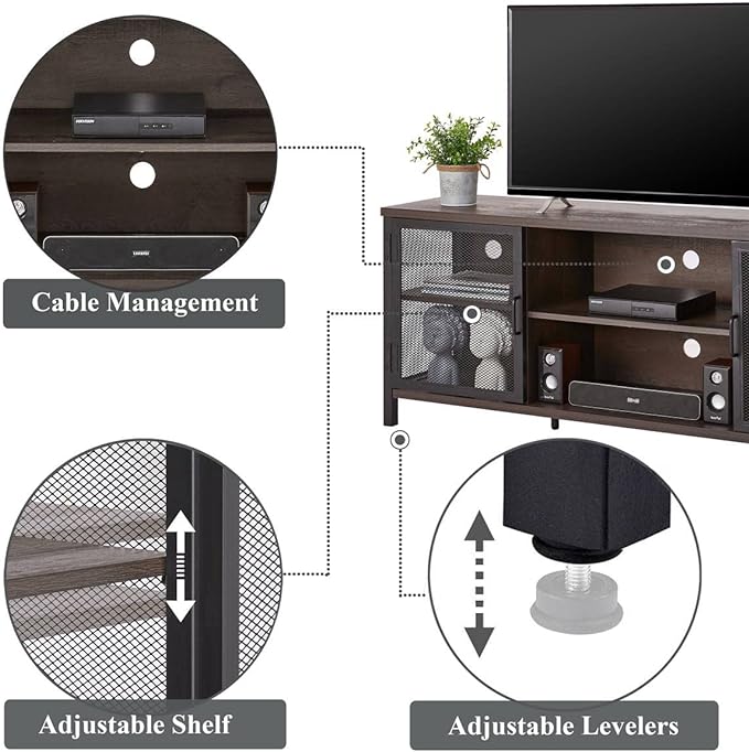 FATORRI Industrial Entertainment Center for TVs up to 65 Inch, Rustic Wood TV Stand, Large TV Console and TV Cabinet for Living Room (60 Inch Wide, Walnut Brown) - LeafyLoom